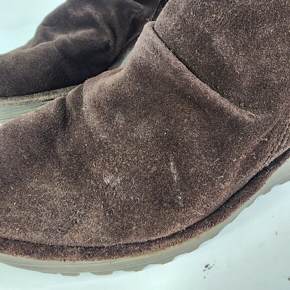 FLY London Yebi Espresso Suede Ruched Ankle Boots with Tie EU 40 US 10 Wedge - Picture 7 of 15